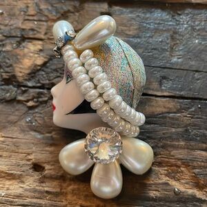 Vintage Pearl and Crystal Flapper porcelain face Brooch pin
